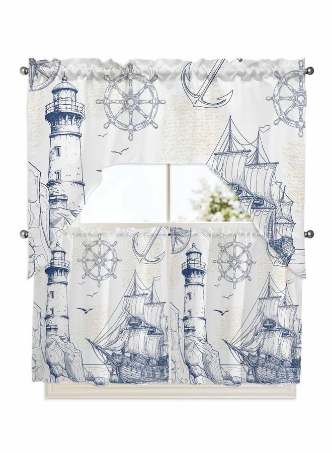 Jolunifun Retro Light-house Swag Kitchen Curtain Sets with Valance,3 Pieces Rod Pocket Curtain Drapes for Bedroom Bathroom Cafe Windows,Blue Ocean Coastal Nautical Anchor 56''x36''&24''x27.5''x2Panels - Image 1